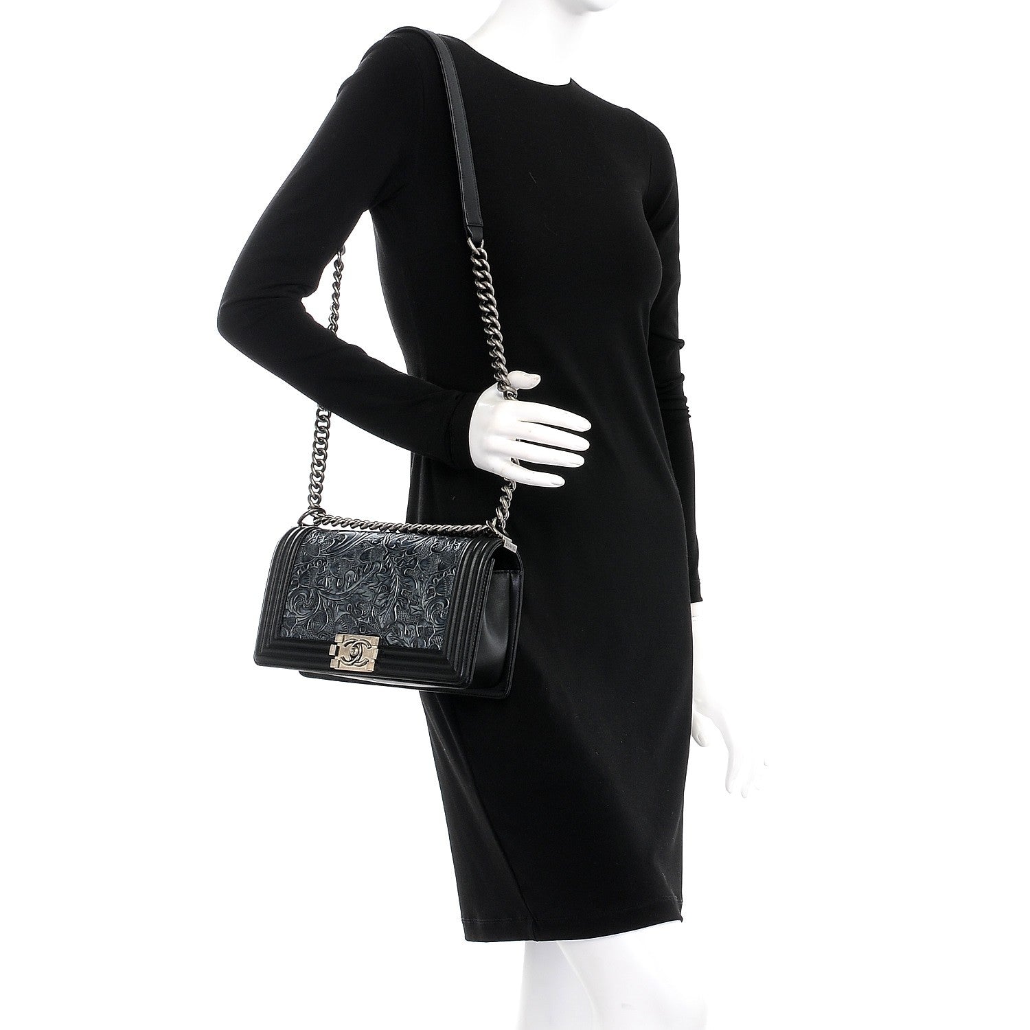 Chanel Calfskin Embossed Cordoba Medium Boy Flap Charcoal 2 of 8