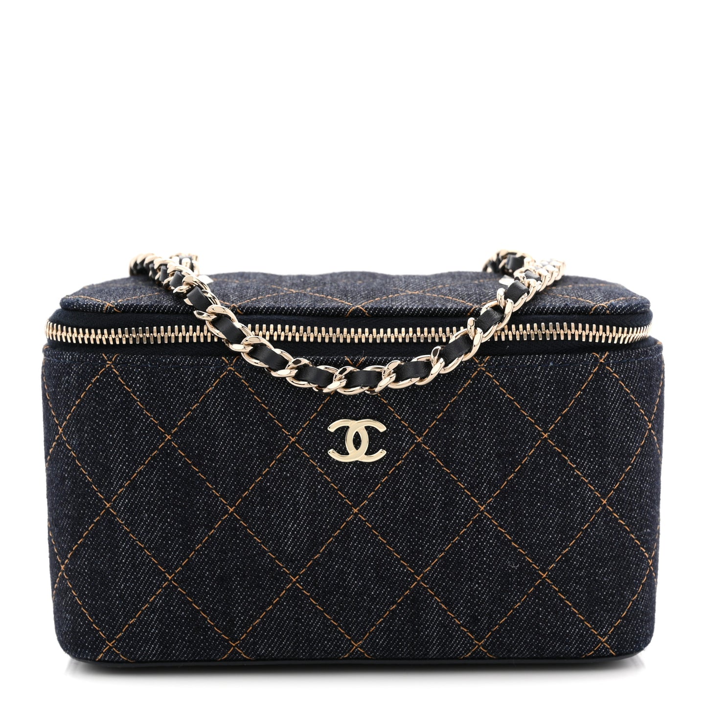 Denim Quilted Vanity Case With Chain Dark Blue