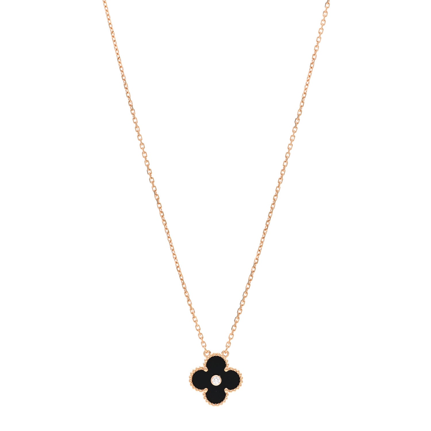 Van Cleef & Arpels 18K Rose Gold Diamond Black Onyx Vintage Alhambra Pendant Necklace 1 of 5
