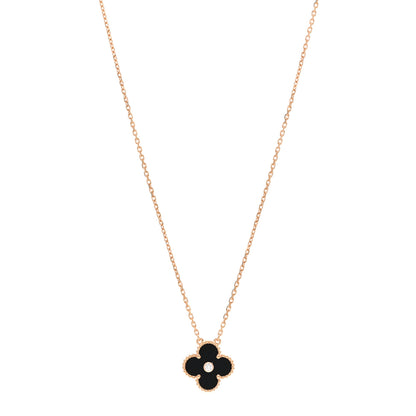 Van Cleef & Arpels 18K Rose Gold Diamond Black Onyx Vintage Alhambra Pendant Necklace 1 of 5