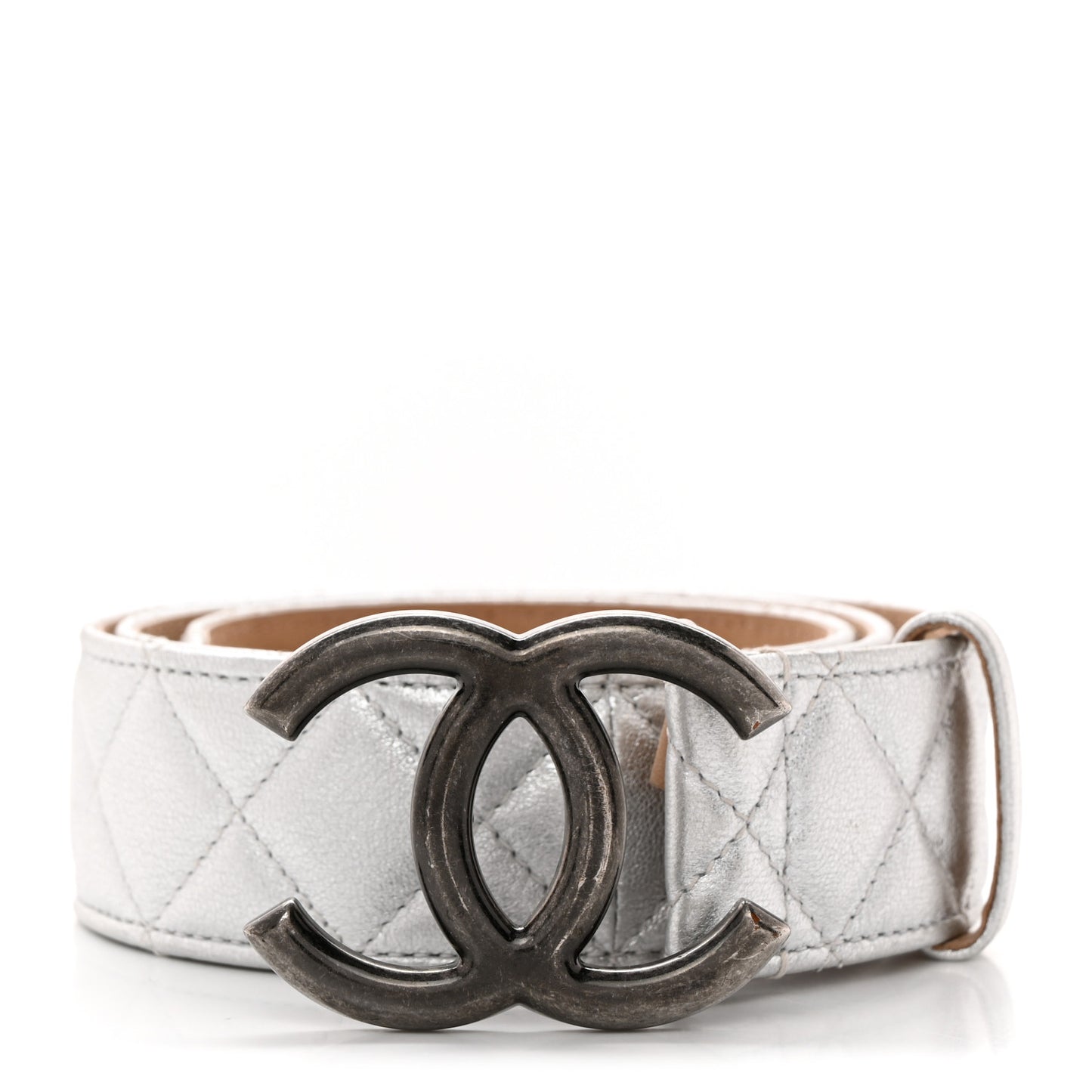 Metallic Lambskin Quilted CC Belt Silver