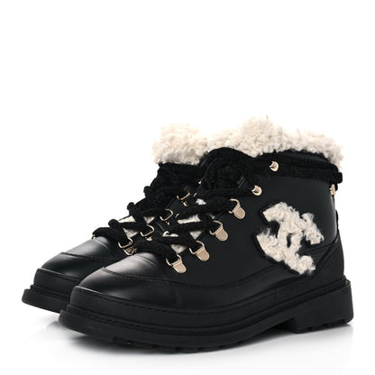 Chanel Calfskin Shearling CC Lace Up Boots 36.5 Black 3 of 9