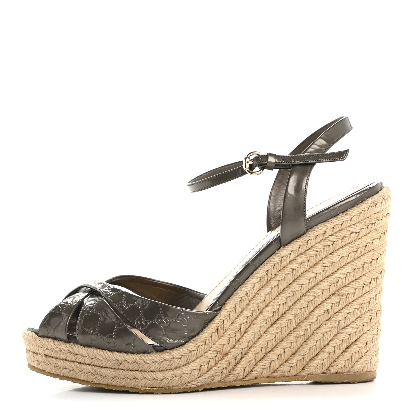 Patent Microguccissima Penelope Espadrille Wedge Sandals 37.5 Acero