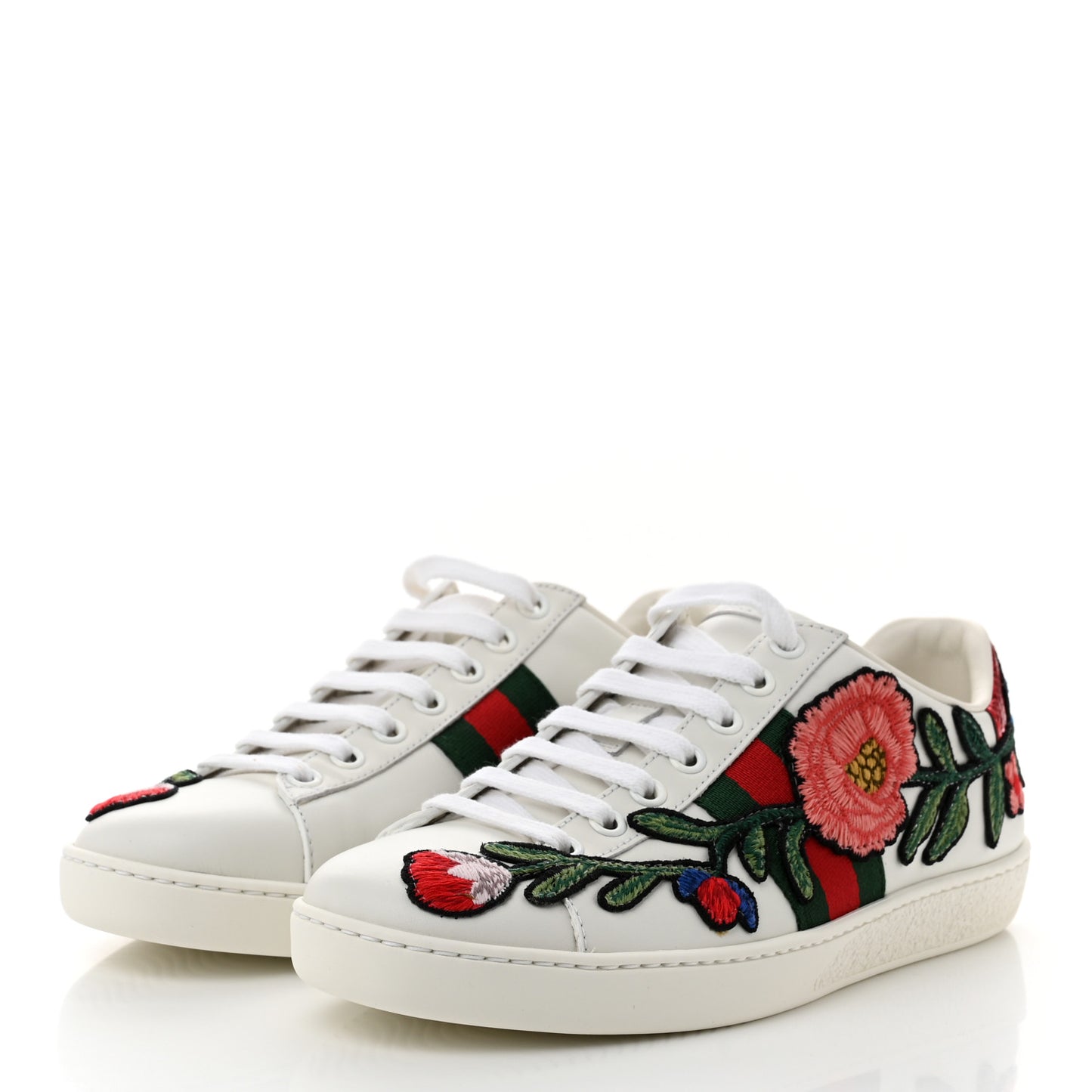 Calfskin Web Floral Embroidered Womens Ace Sneakers 35 White