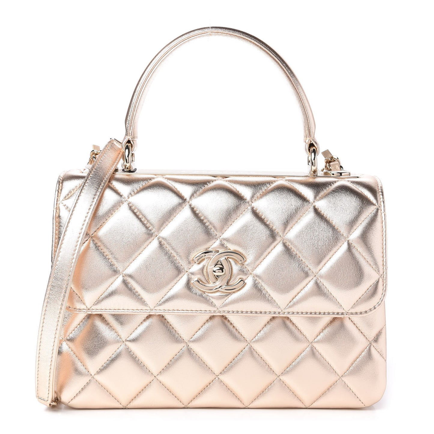Metallic Lambskin Quilted Small Trendy CC Flap Dual Handle Bag Gold