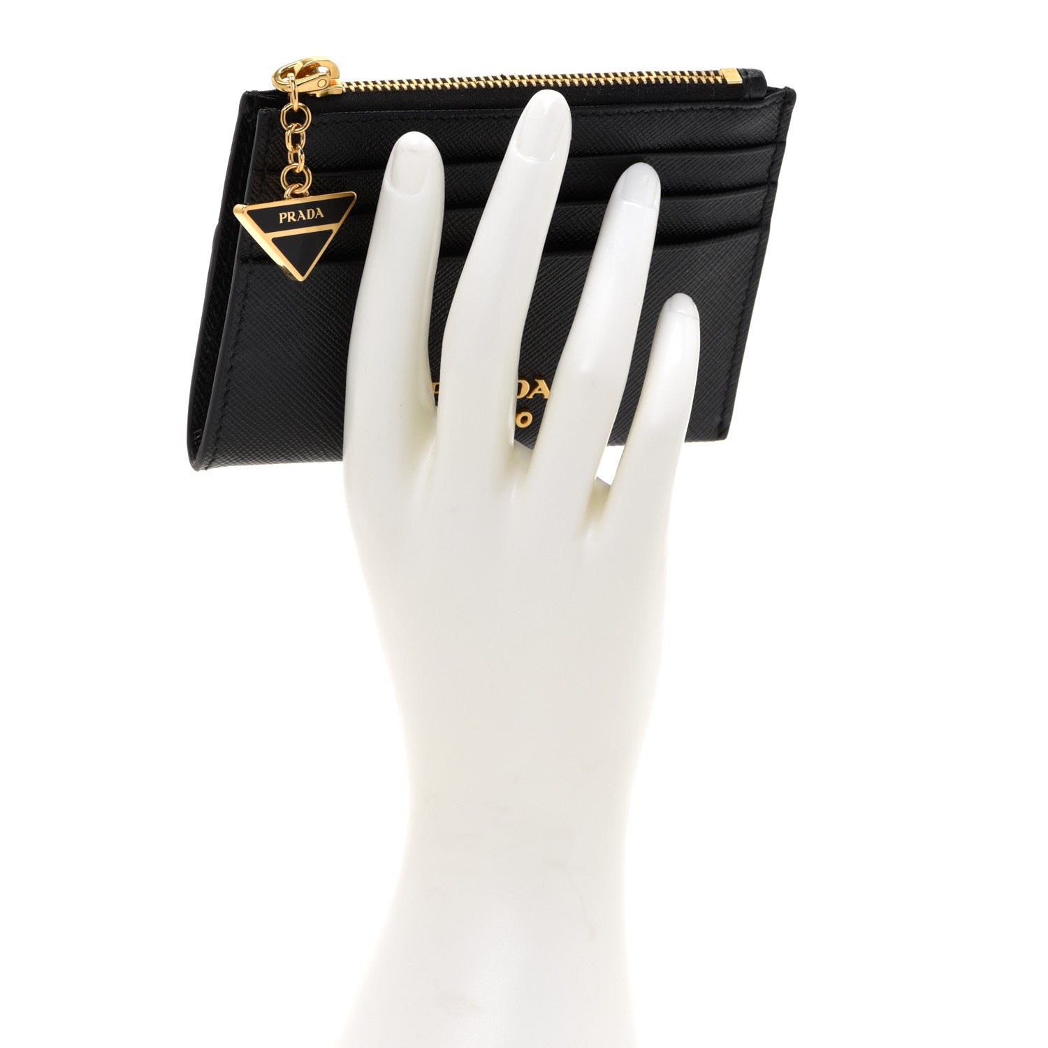 Prada Saffiano Triangle Zip Card Holder Black 2 of 7
