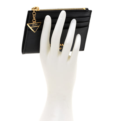 Prada Saffiano Triangle Zip Card Holder Black 2 of 7