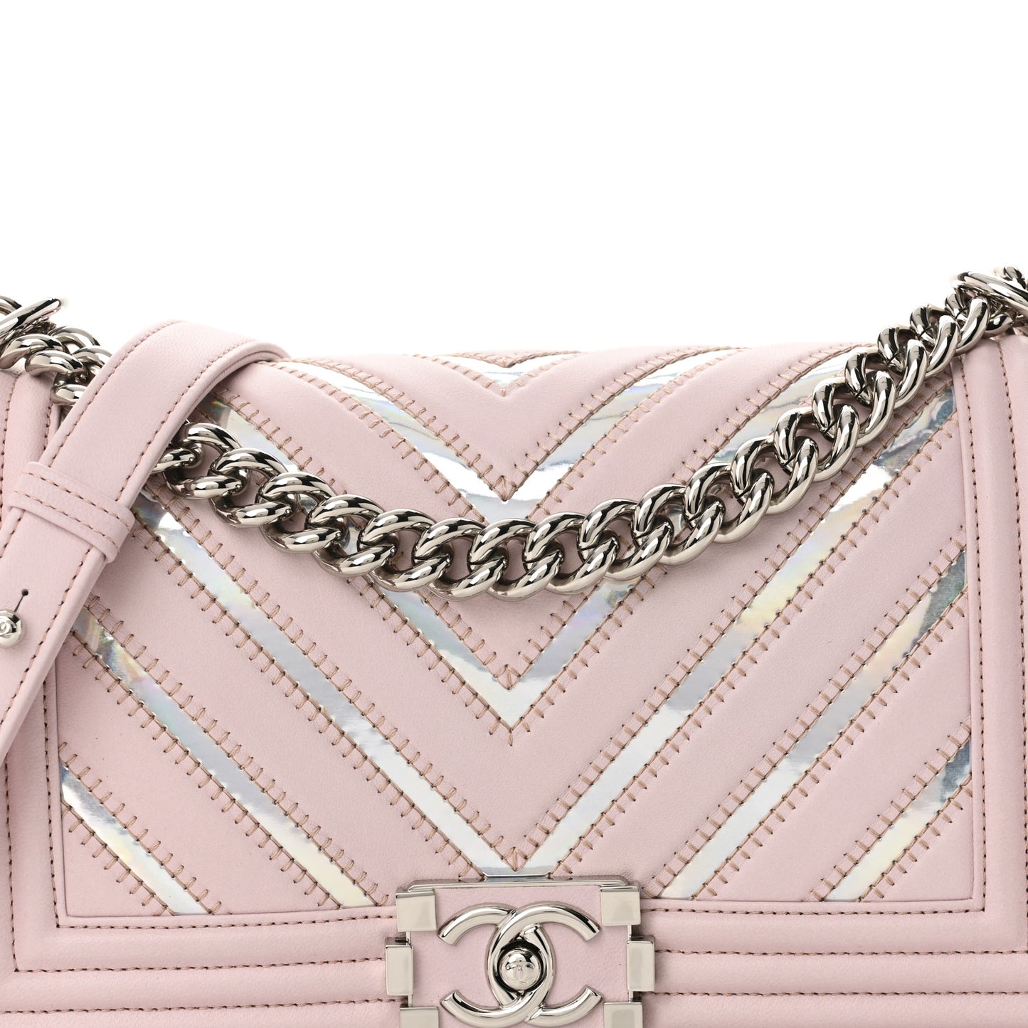 Lambskin Iridescent PVC Chevron Quilted Medium Boy Flap Pink Silver