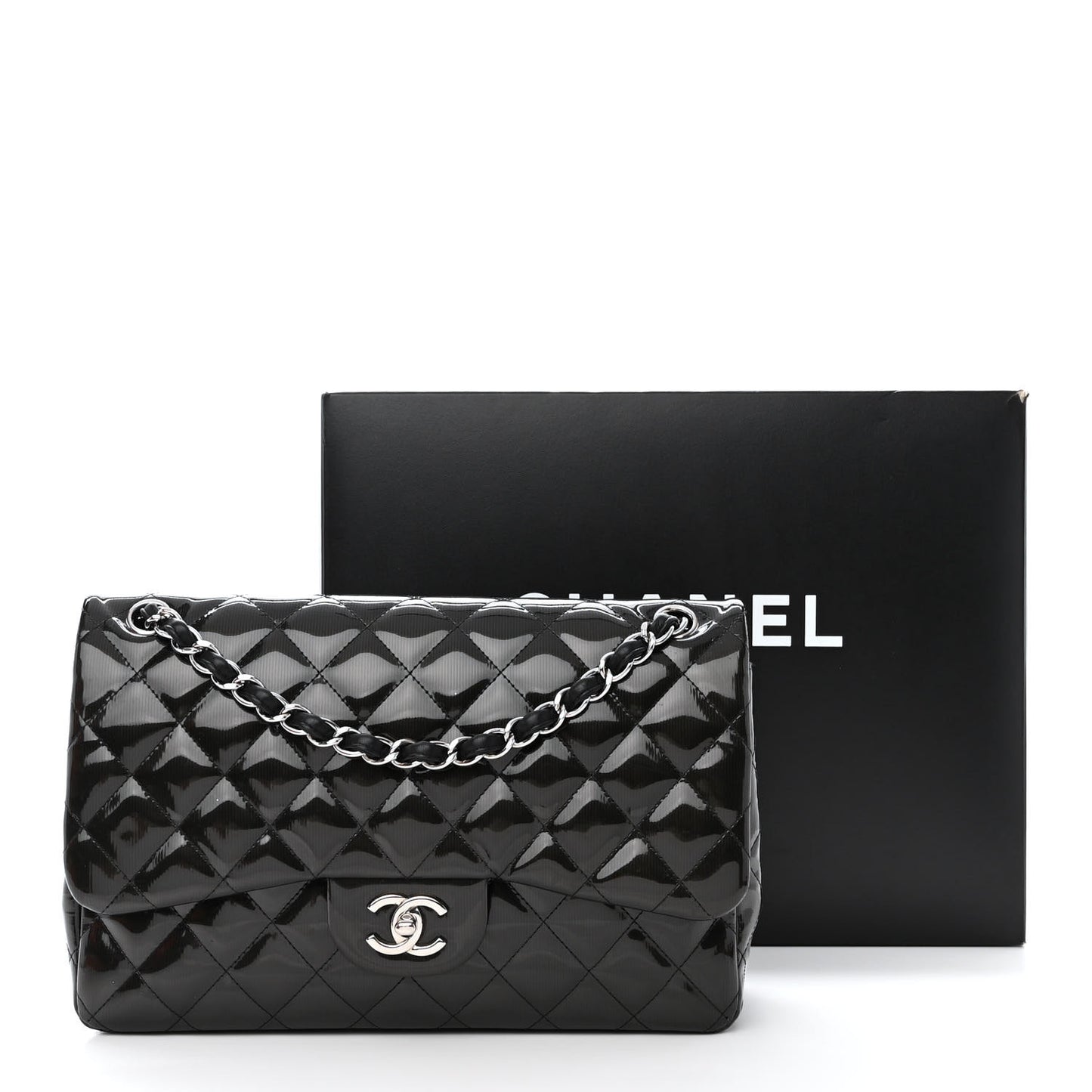 Striated Patent Quilted Jumbo Double Flap Black