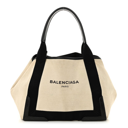 Balenciaga Cotton Canvas Satin Calfskin S Navy Cabas Natural Black 1 of 20