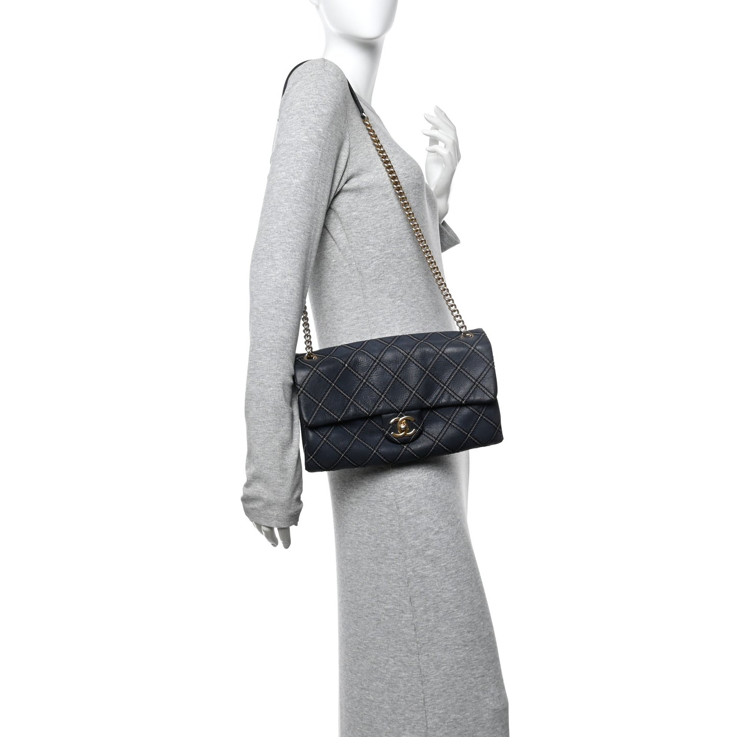 Iridescent Calfskin Triple Stitched Medium Flap Navy