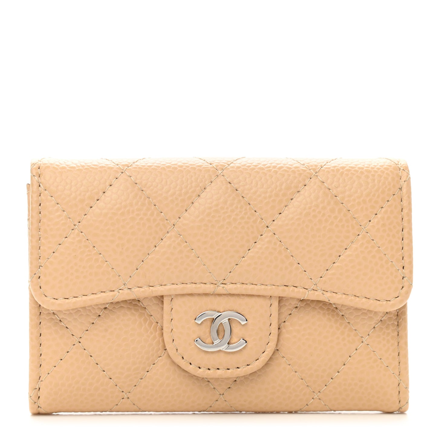 Caviar Quilted Flap Card Holder Wallet Beige