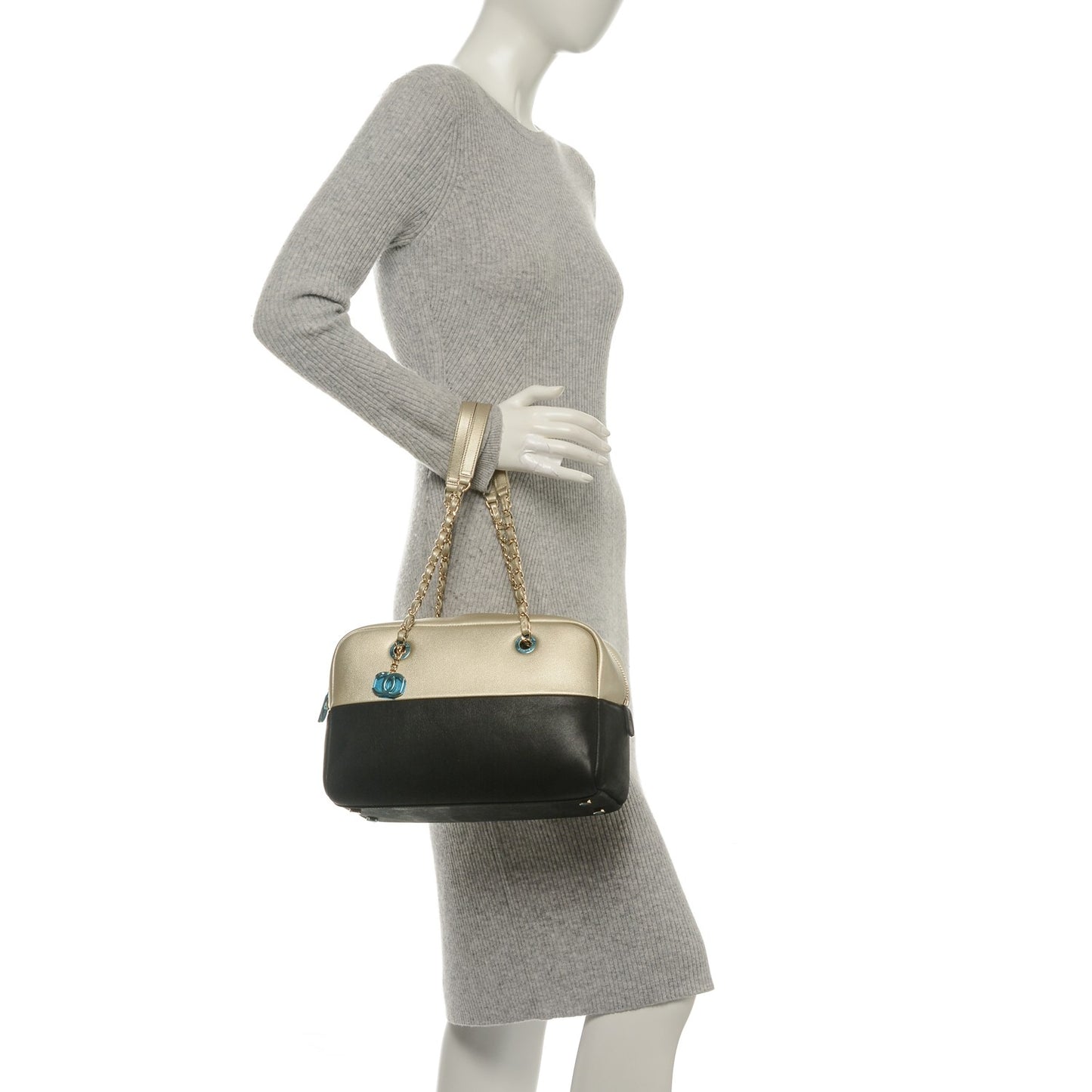Caviar Iridescent Calfskin Duo Bowling Bag Black Gold