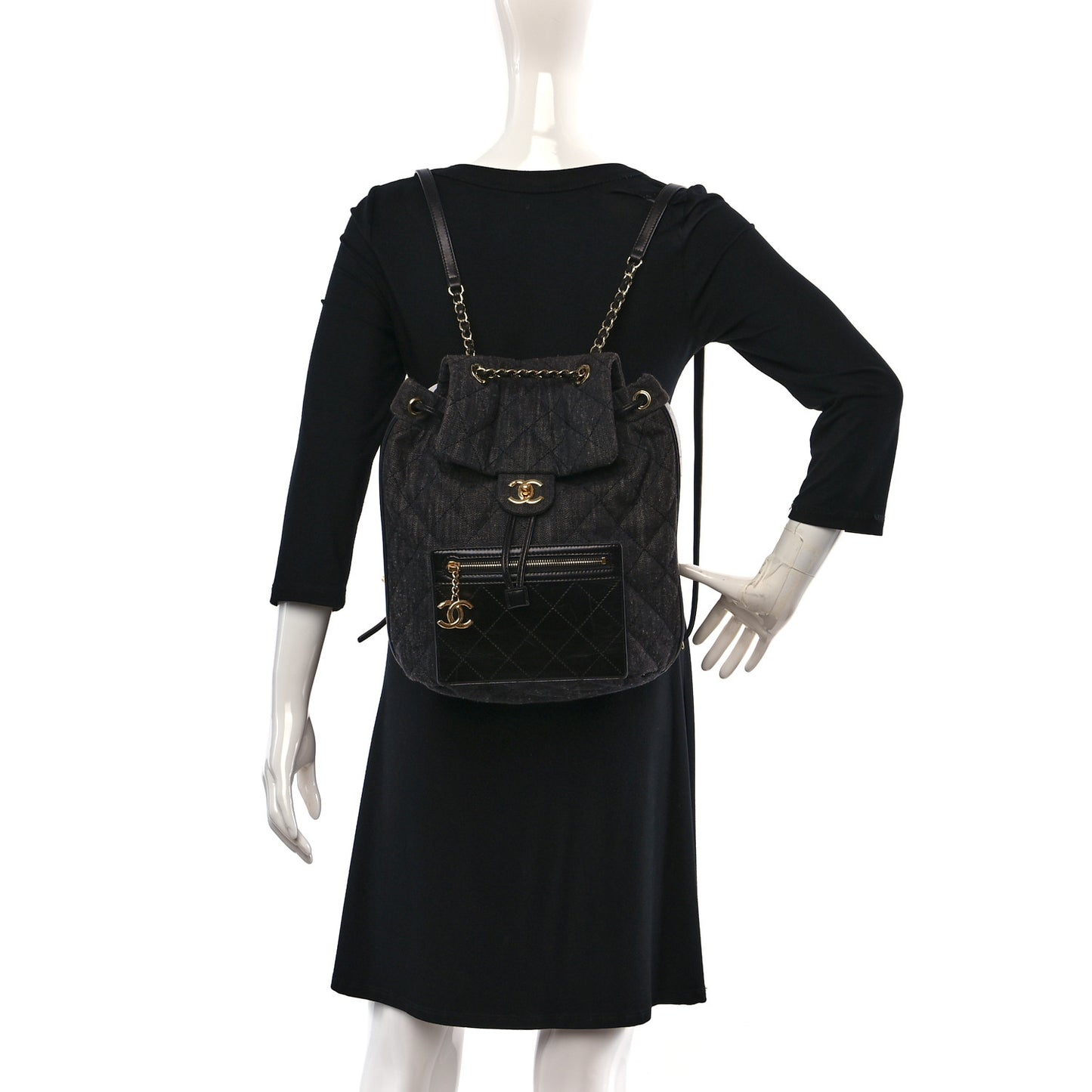 Denim Calfskin Quilted Backpack Dark Grey Black