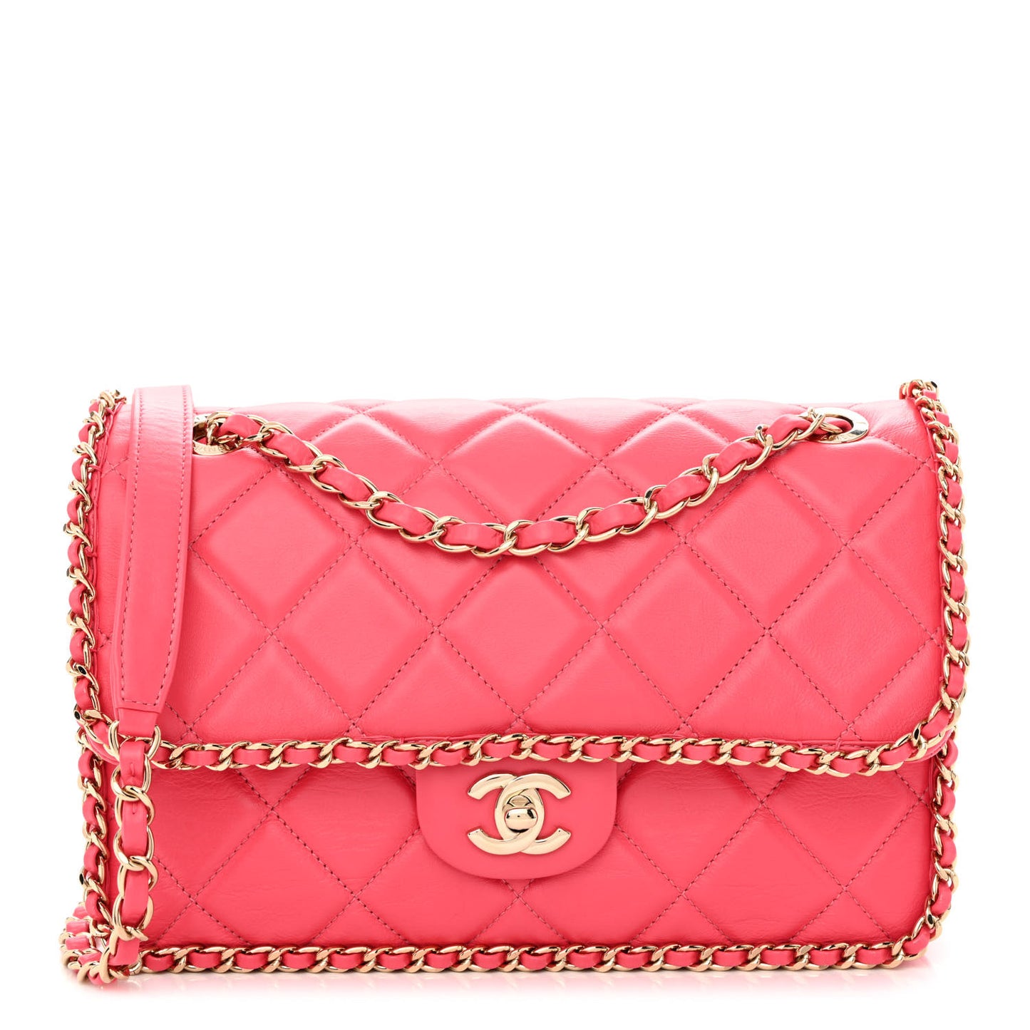 Crumpled Calfskin Quilted Medium Chain All Over Flap Pink