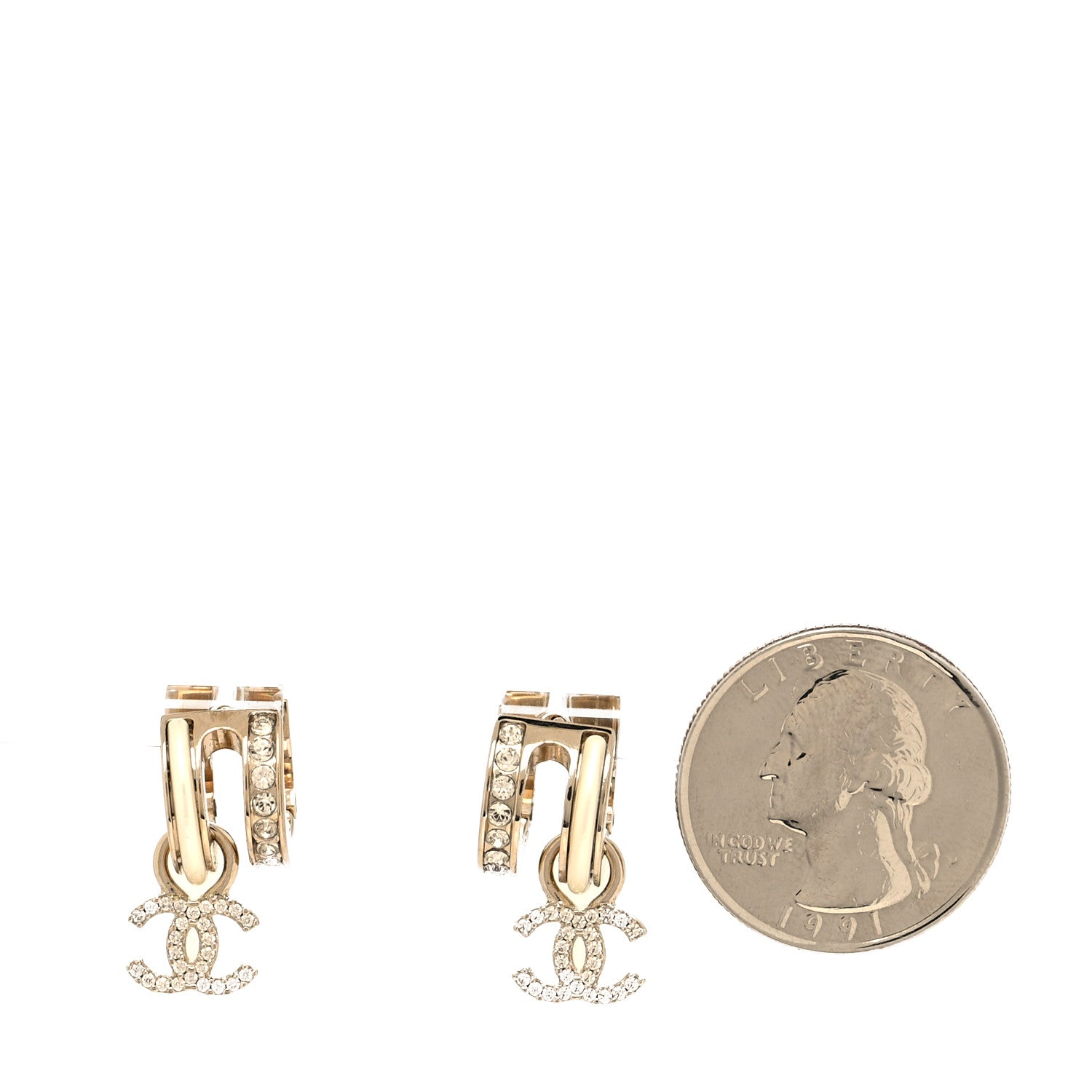 Chanel Crystal CC Hoop Drop Earrings Gold Pearly White 2 of 4