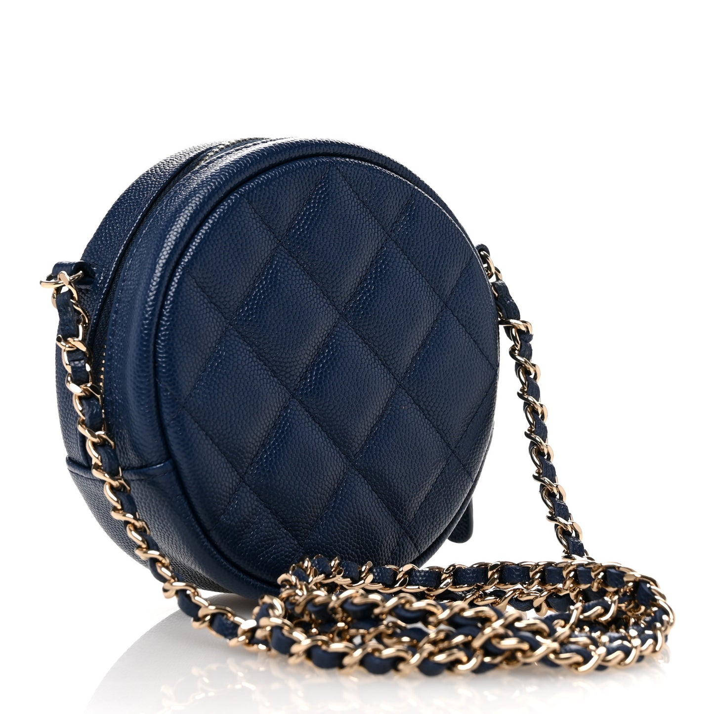 Caviar Quilted Round Clutch With Chain Blue