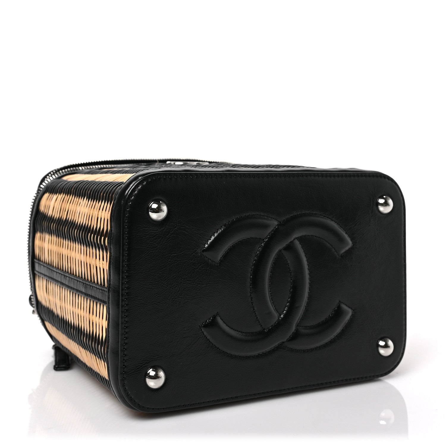 Chanel Glazed Calfskin Raffia Vanity Case Bag Black Beige 5 of 10