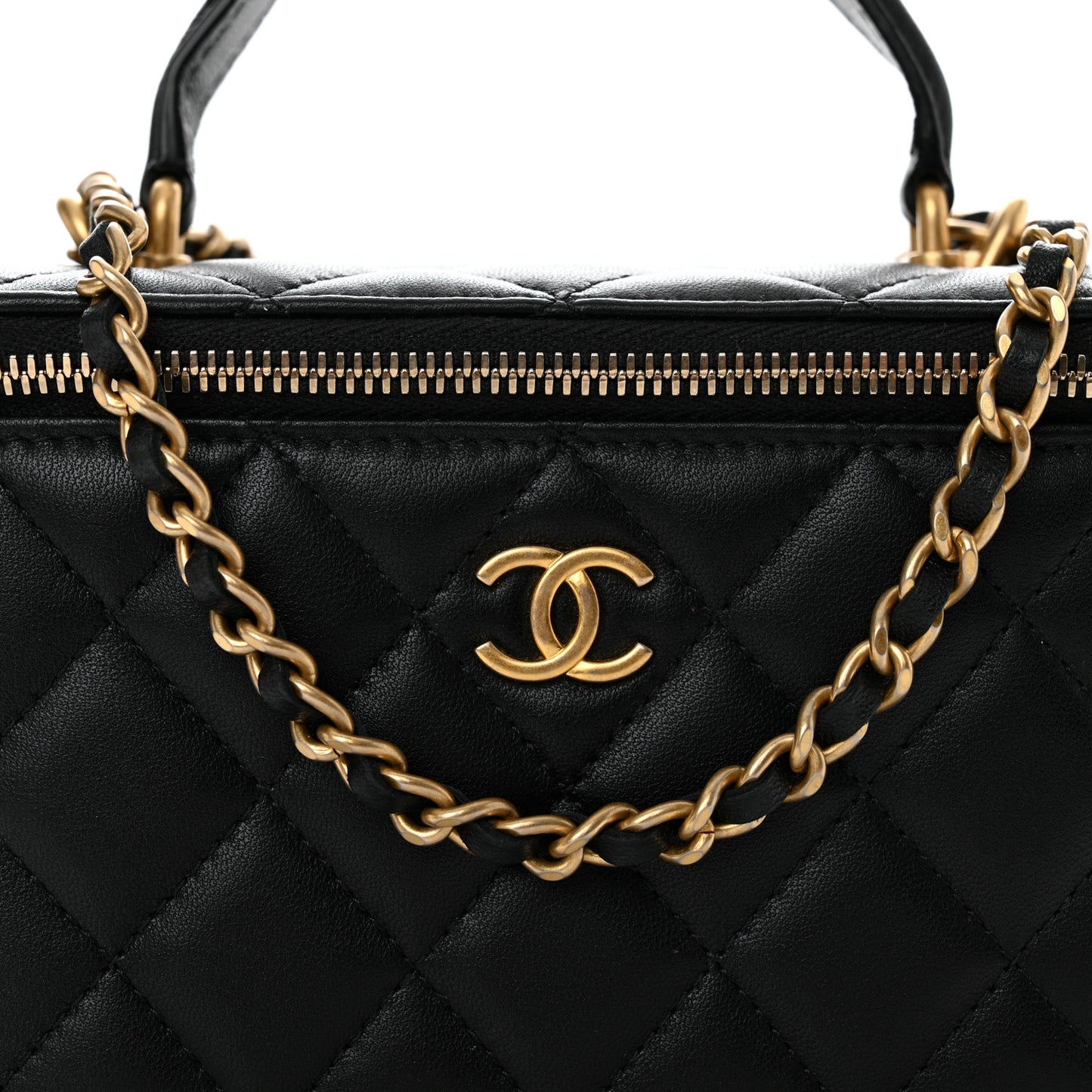 Lambskin Quilted Metal Small Top Handle Vanity Case With Chain Black