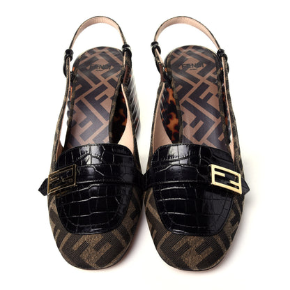 Fendi Jacquard Calfskin FF Tortoise Promenade Slingback Loafer Pumps 38 Tobacco 4 of 9