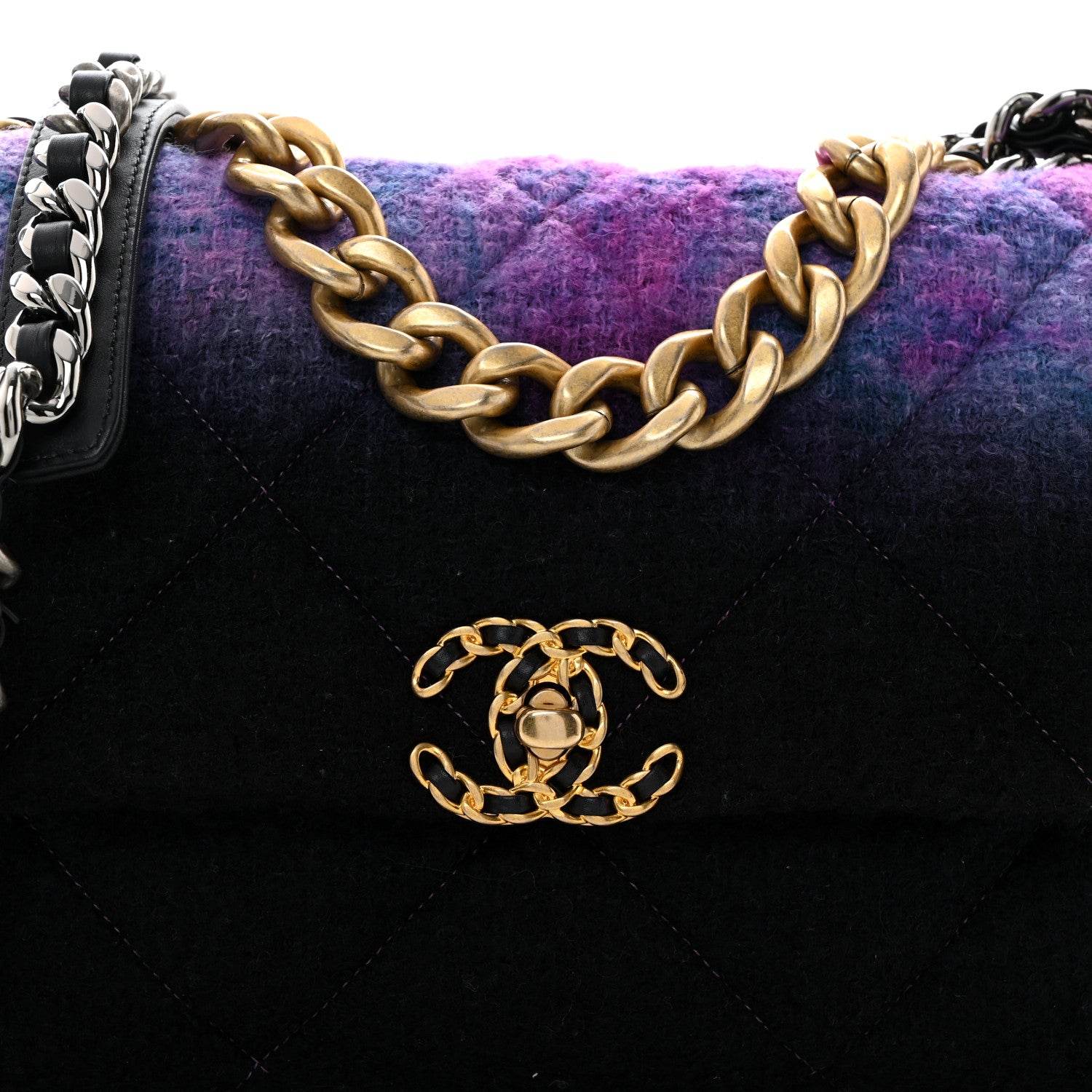 Chanel Wool Tweed Quilted Large Chanel 19 Flap Purple Black Blue 8 of 10