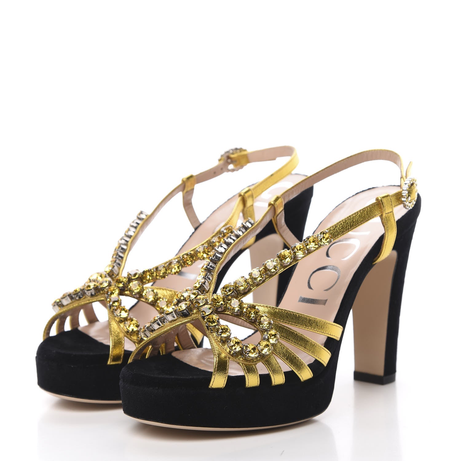 Gucci Velvet Nappa Crystal Zephyra Slingback Platform High Heel Sandals 37 Black Gold 3 of 9