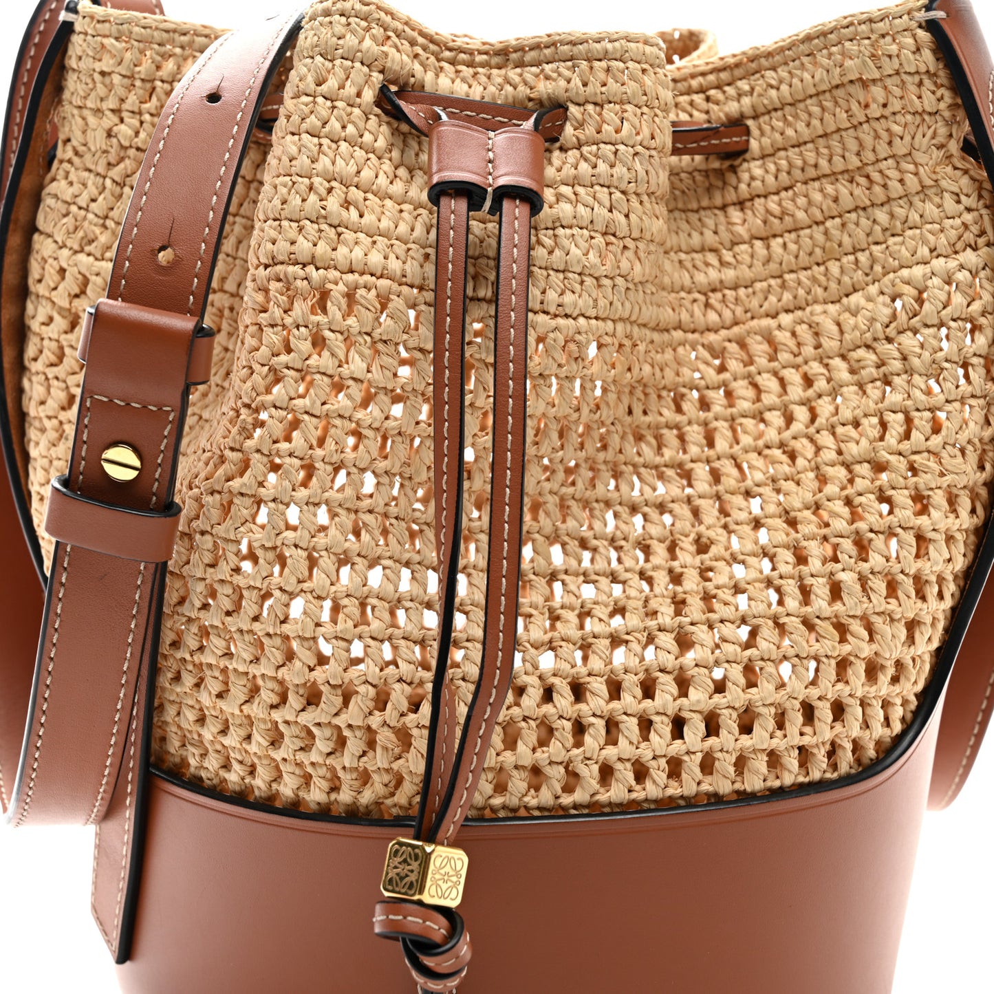 Raffia Calfskin Balloon Bucket Bag Natural Tan