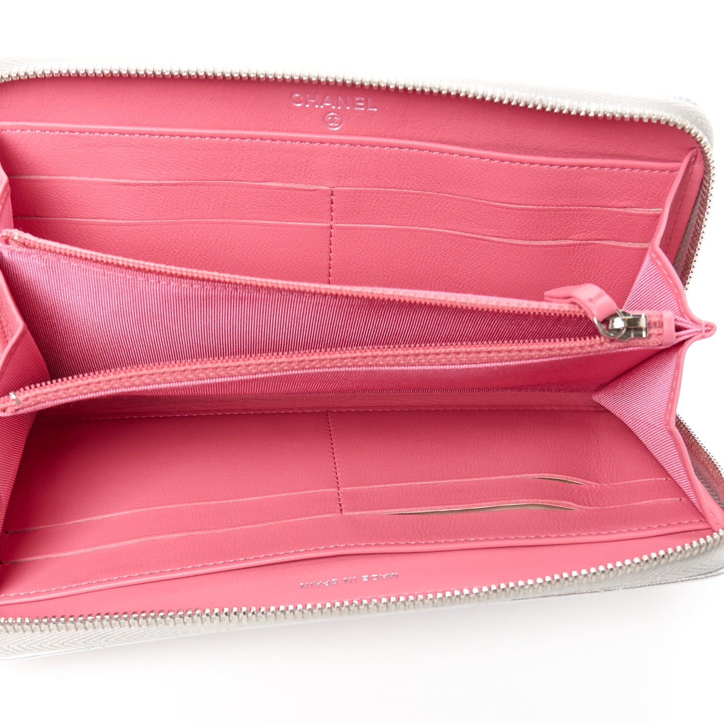 Metallic Lambskin Quilted Large Gusset Zip Around Wallet Silver Pink