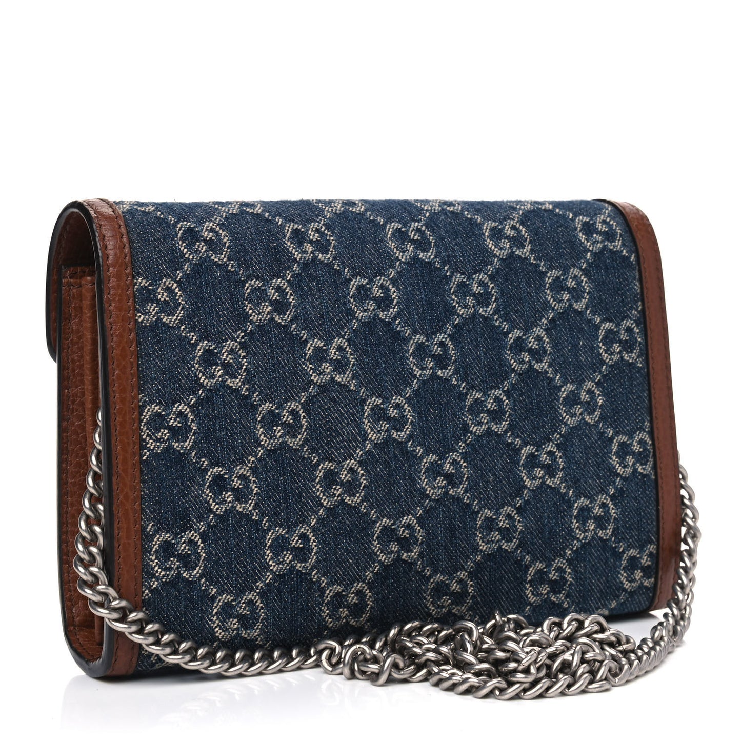 New Denim GG Monogram Dollar Calfskin Enamel Mini Dionysus Chain Wallet Blue Tea Cuir Epilog Electric Blue