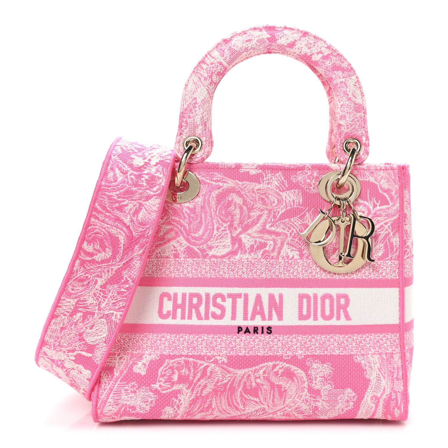 Christian Dior Canvas Toile De Jouy Reverse Embroidered Medium Lady D-Lite Fluorescent Pink 1 of 9