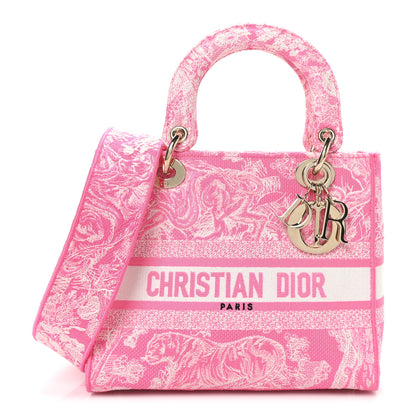Christian Dior Canvas Toile De Jouy Reverse Embroidered Medium Lady D-Lite Fluorescent Pink 1 of 9
