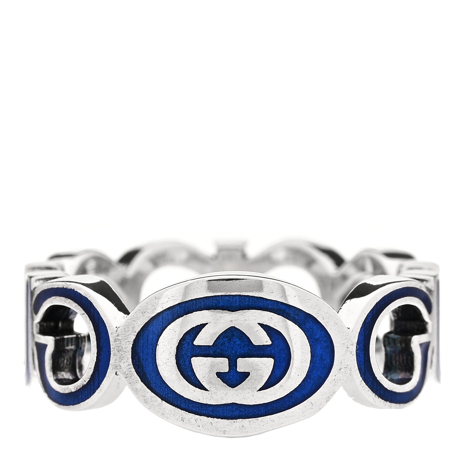 Gucci Sterling Silver Enamel Interlocking G Logo Ring 60 9 Blue 1 of 4