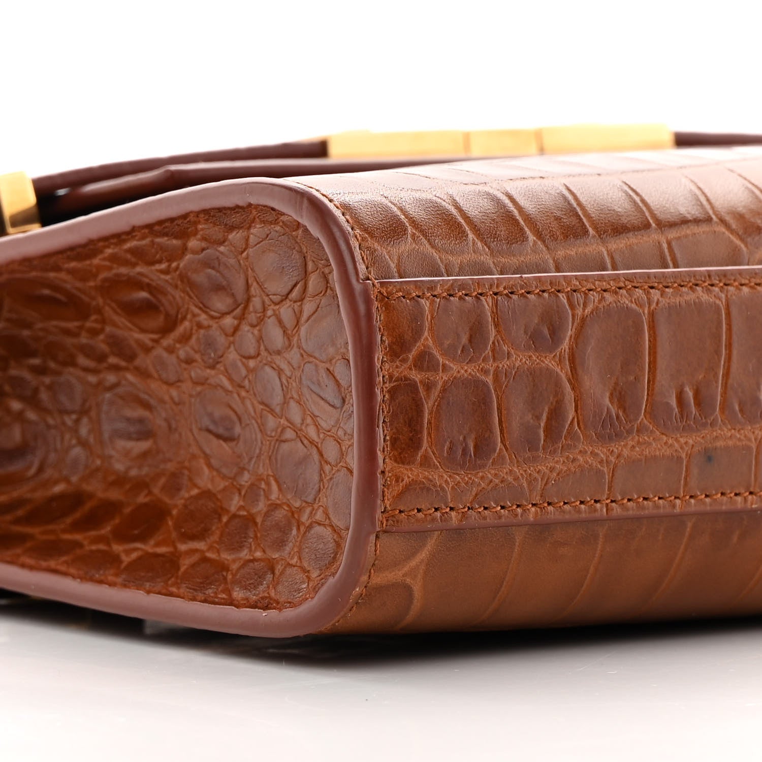 Saint Laurent Shiny Calfskin Crocodile Embossed Small Manhattan Baguette Dark Caramel 9 of 13