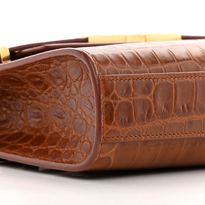 Saint Laurent Shiny Calfskin Crocodile Embossed Small Manhattan Baguette Dark Caramel 9 of 13