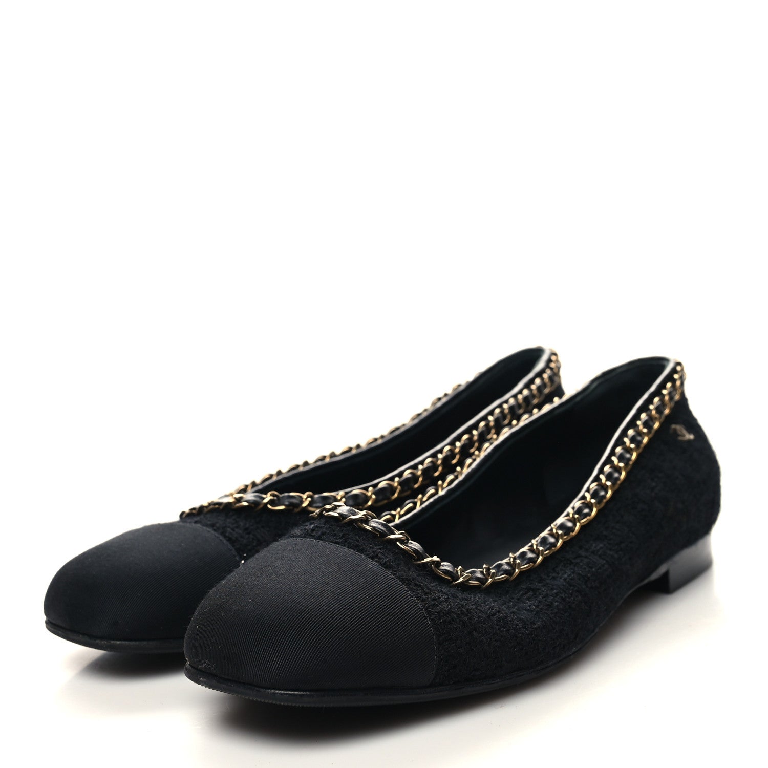 Chanel Tweed Grosgrain Chained Cap Toe Ballerina Flats 38 Black 3 of 8