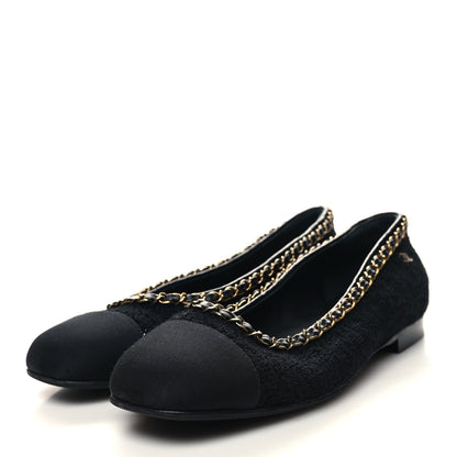 Chanel Tweed Grosgrain Chained Cap Toe Ballerina Flats 38 Black 3 of 8