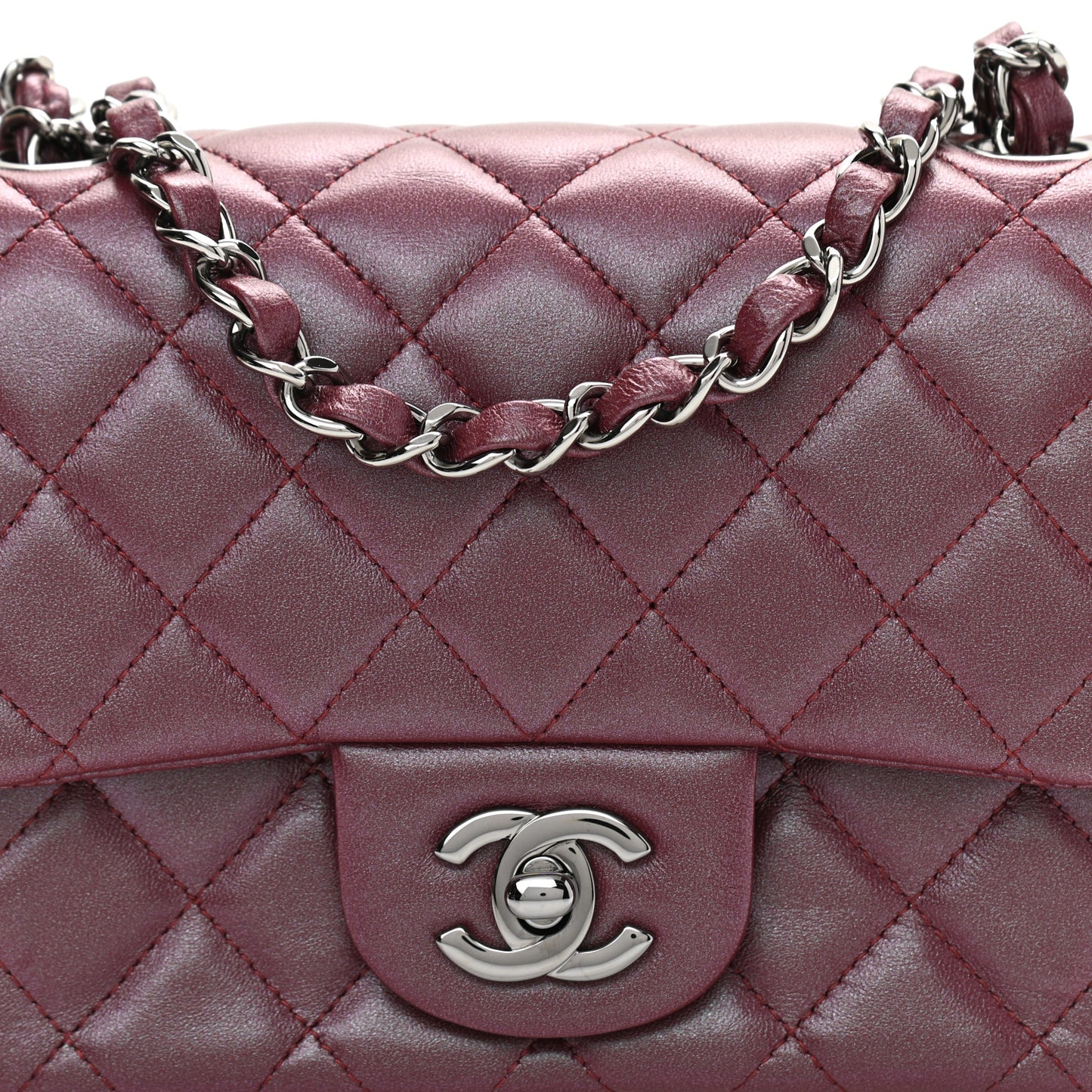 Iridescent Lambskin Quilted Mini Square Flap Burgundy