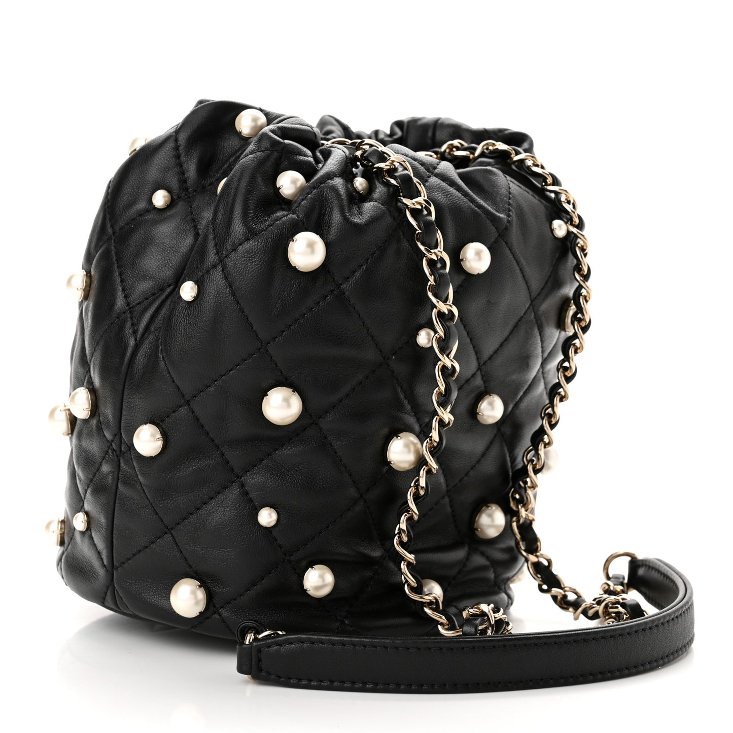 Lambskin Quilted Pearl About Pearls Drawstring Bag Black