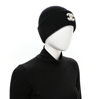 Chanel Wool Cashmere CC Beanie Hat Light Black White 3 of 6