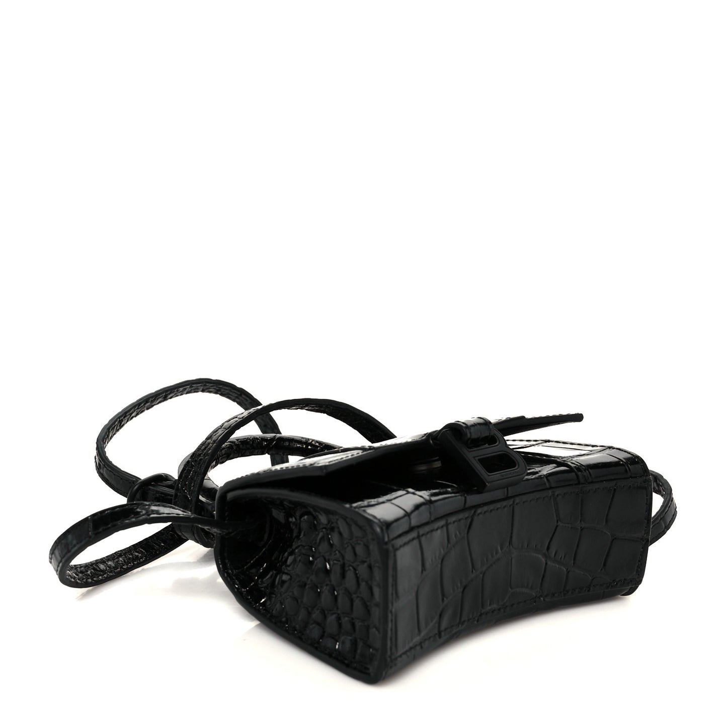 Shiny Calfskin Monochrome Crocodile Embossed Hourglass Top Handle Bag Mini Black