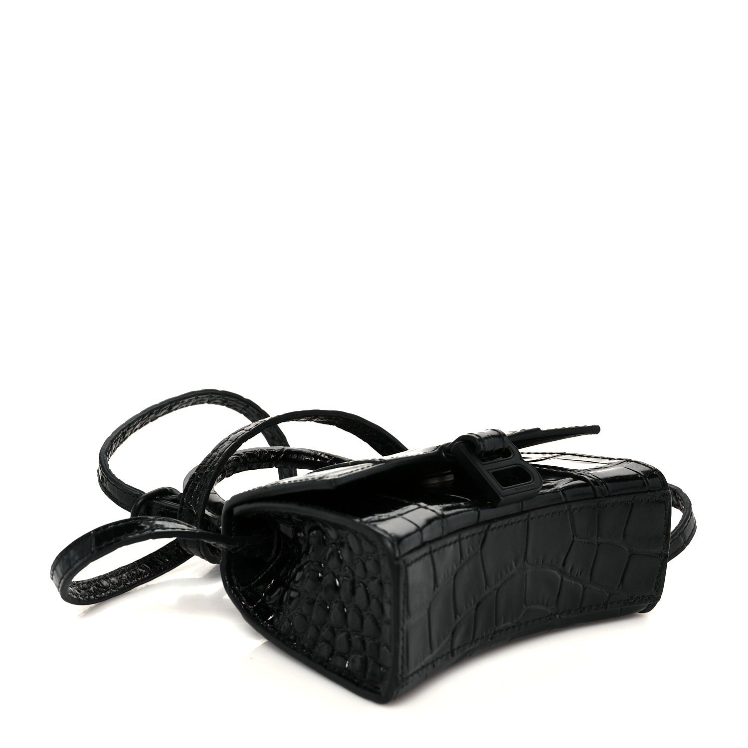 Balenciaga Shiny Calfskin Monochrome Crocodile Embossed Hourglass Top Handle Bag Mini Black 4 of 10