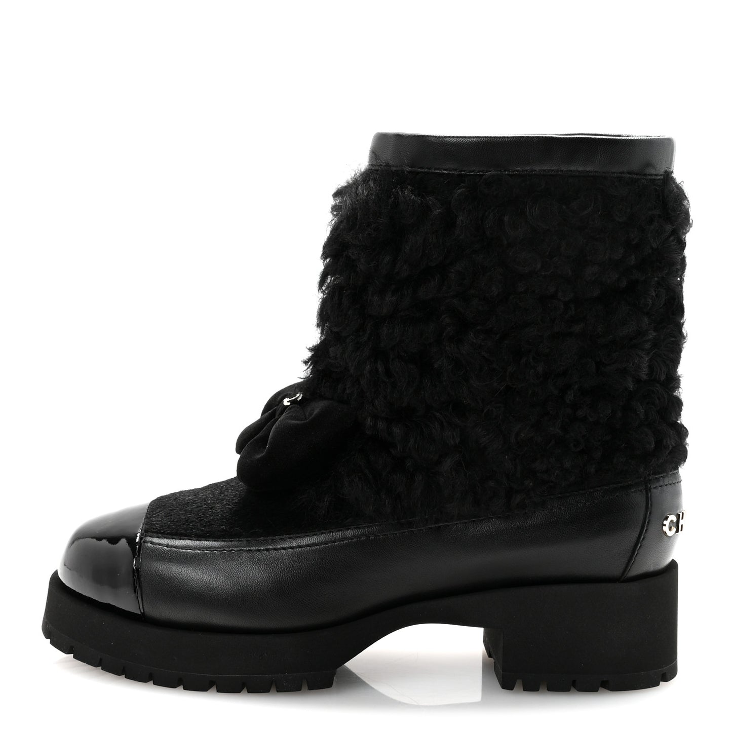 Shearling Lambskin Calfskin Patent Bow Short Boots 36 Black