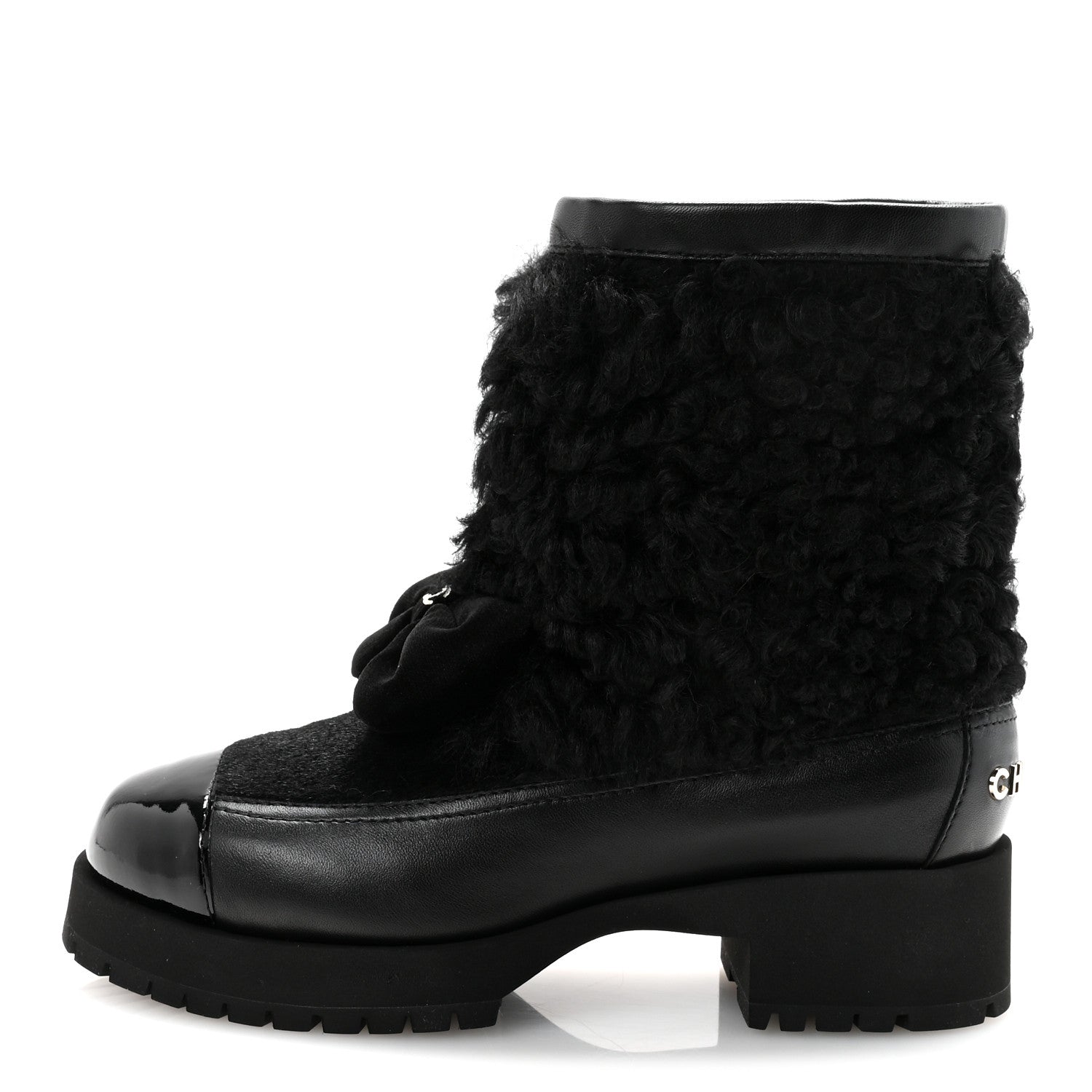 Chanel Shearling Lambskin Calfskin Patent Bow Short Boots 36 Black 1 of 10