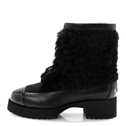 Chanel Shearling Lambskin Calfskin Patent Bow Short Boots 36 Black 1 of 10
