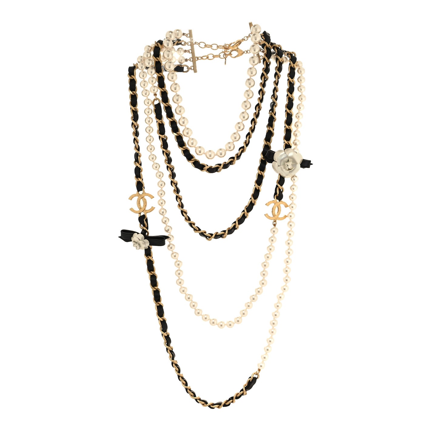 Pearl Lambskin CC Camellia Multi Strand Necklace Black Gold