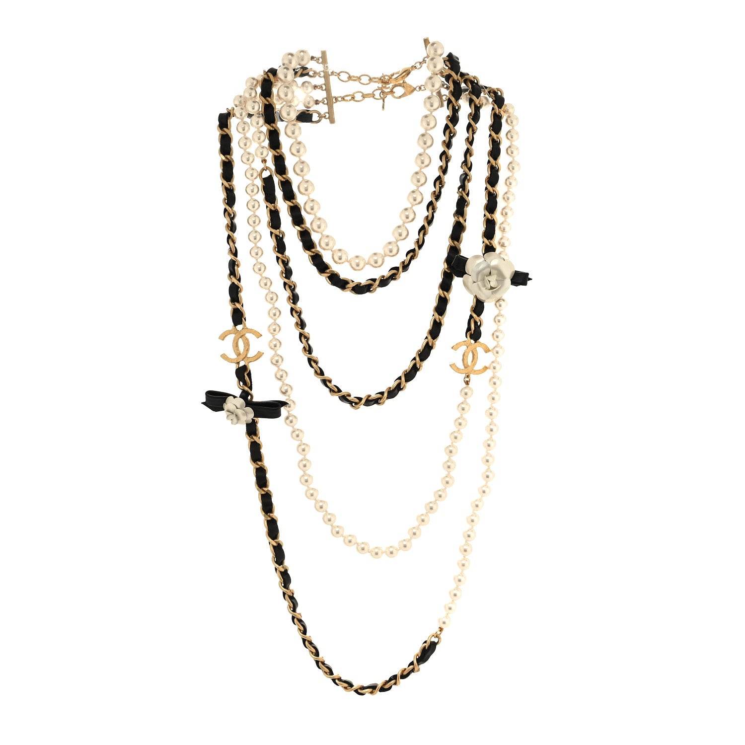 Chanel Pearl Lambskin CC Camellia Multi Strand Necklace Black Gold 3 of 5
