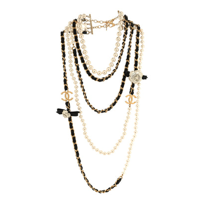 Chanel Pearl Lambskin CC Camellia Multi Strand Necklace Black Gold 3 of 5