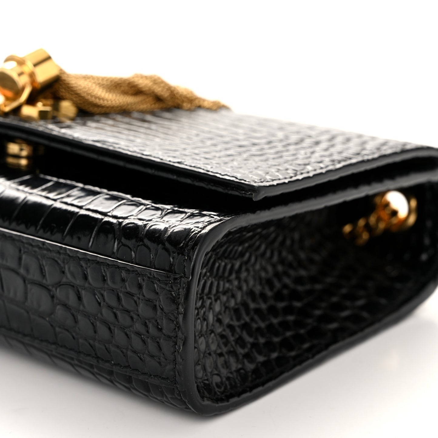 Calfskin Crocodile Embossed Small Classic Monogram Kate Tassel Satchel Black