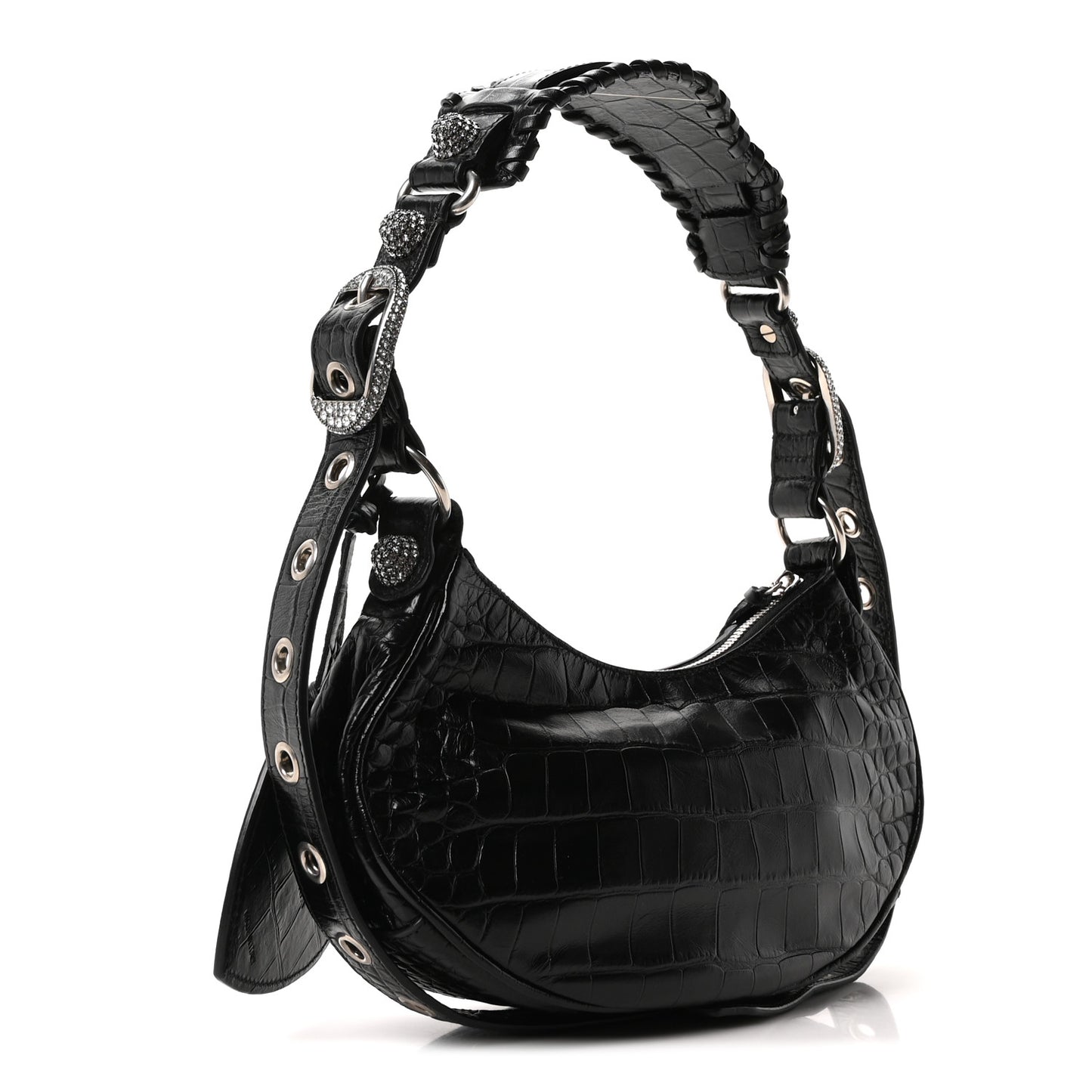 Extra Supple Calfskin Crystal Crocodile Embossed Le Cagole Shoulder Bag XS Black