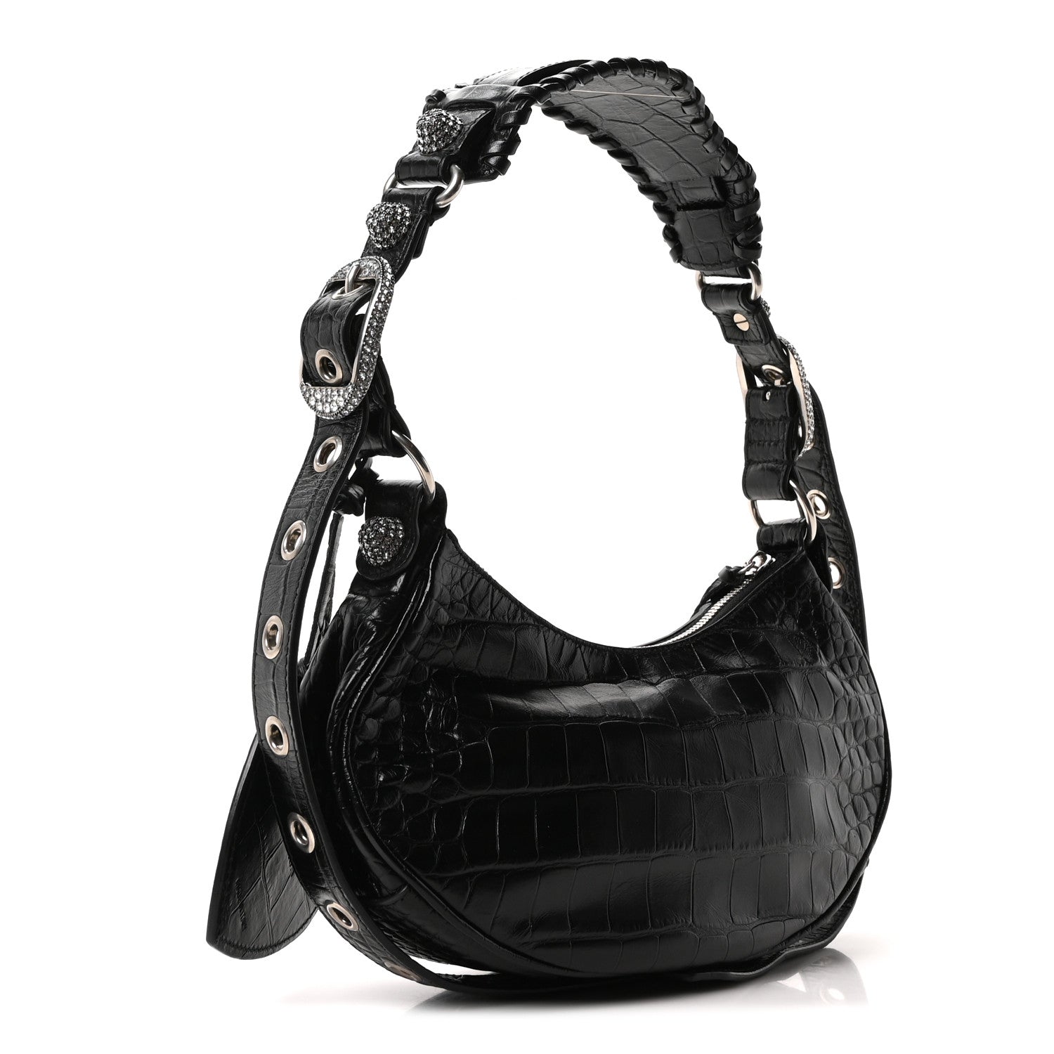 Balenciaga Extra Supple Calfskin Crystal Crocodile Embossed Le Cagole Shoulder Bag XS Black 4 of 11